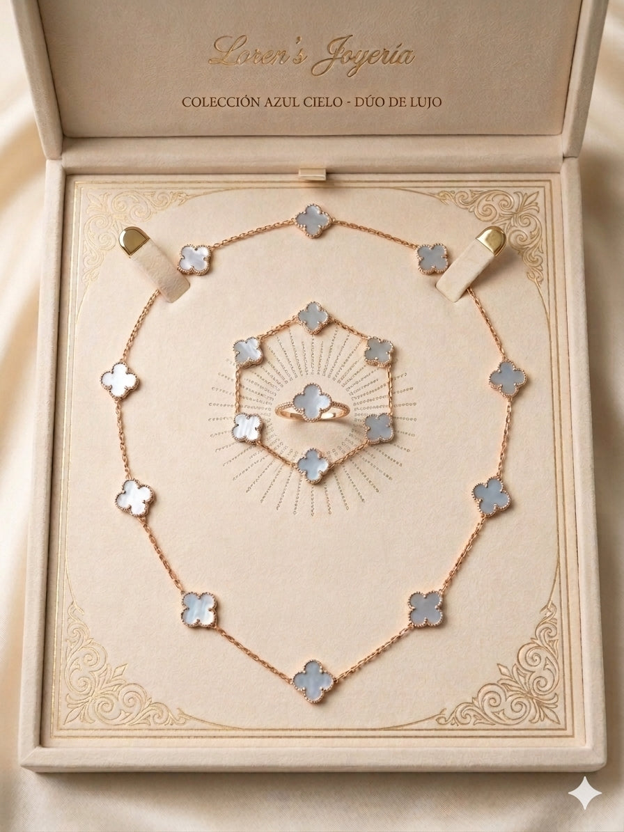 SEt De Trebol  3 piezas Oro 14K en Azul Tornasol  size #20 con Extension  a # 22 y Manilla  #7 con Extension  a # 8