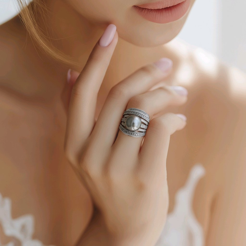 Anillo con perla en Laminado  plateado  Size 7.5