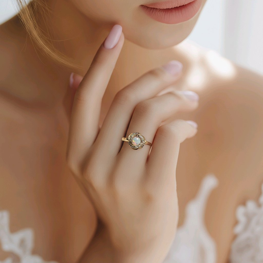 Anillo Plata 9.25 baño Oro 18k piedra Opal Size #7 Alta Calidad