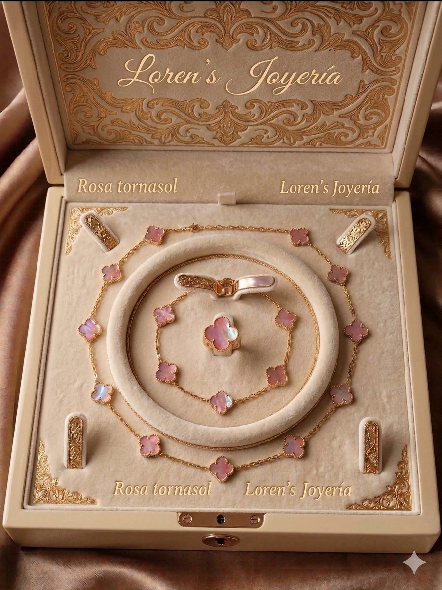 SET De Trebol  3 piezas Oro  14K Colo Rosa Tornasol size  # 20 con Extension  a # 22  y Manilla #7 con Extension  a # 8