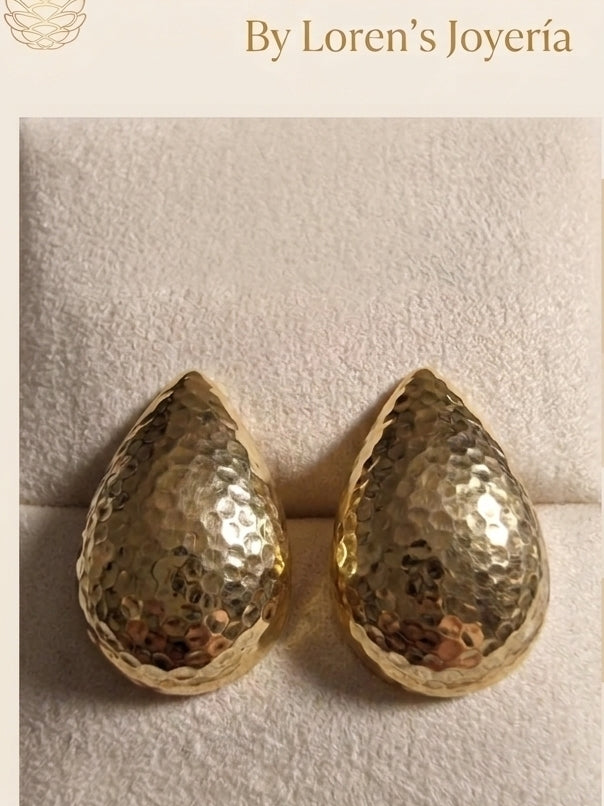 Aretes de Gota Martilladas  Oro 14K, Tamaño Grande