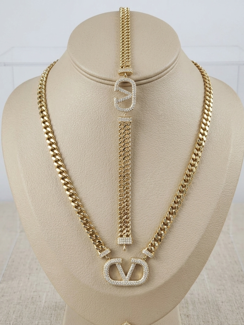 SET Valentino  Tejido Petatillo piedras  en Zirconia  Oro 14K Size # 20 P # 7.5 Bracelet Ancho 7 MM