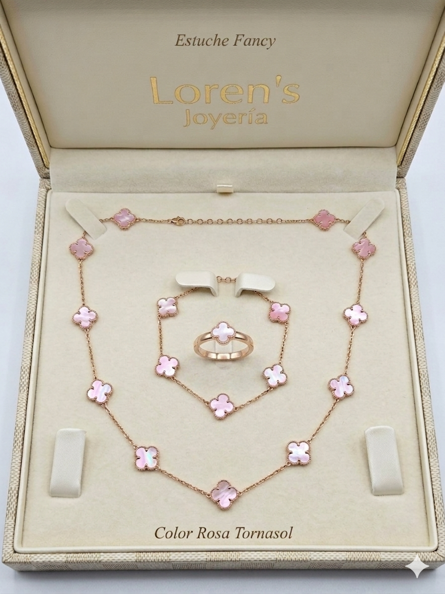 SEt De Trebol 3 piezas  Oro 14K  color Rosa Tornasol size #20  co Extension  a # 22 y Manilla  #7  con  Extension  a  #8