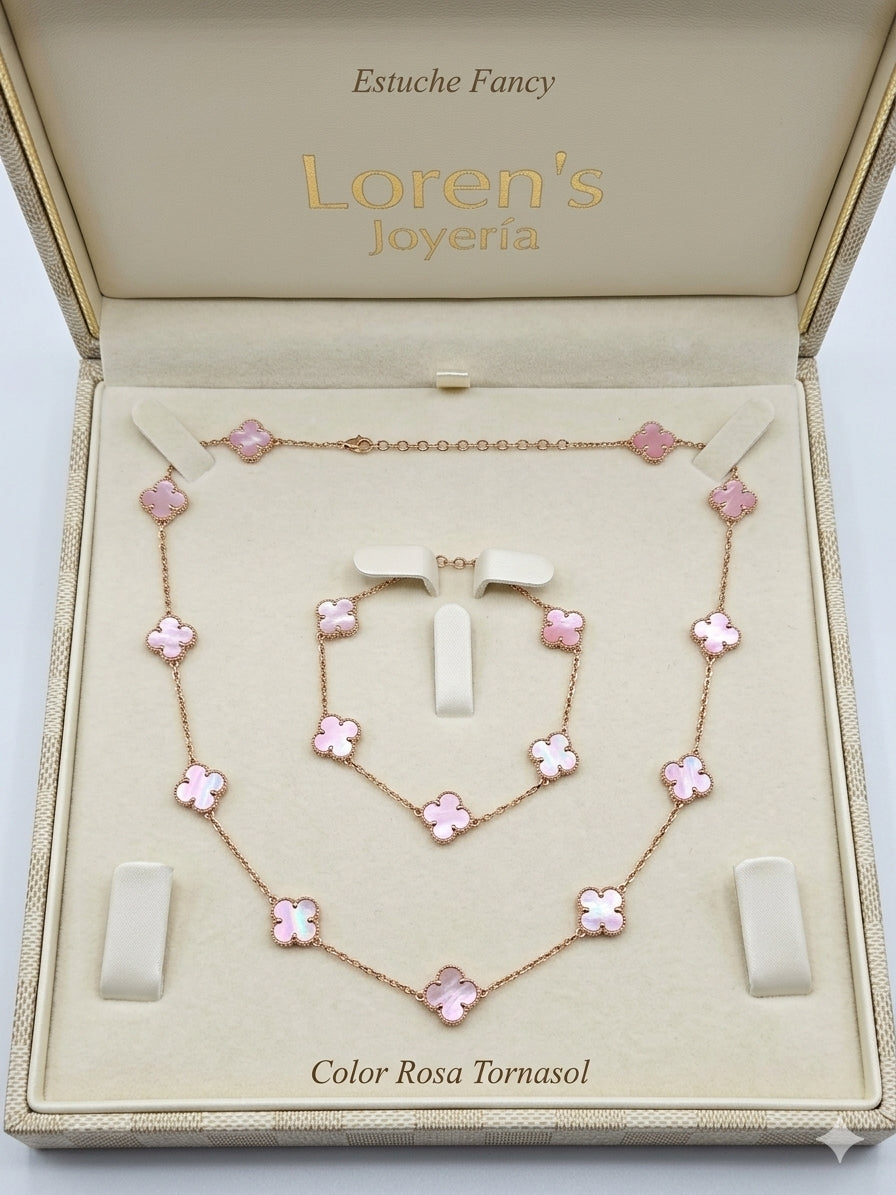 SET De Trebol 2 piezas Oro 10K  Rosa Tornasol  size # 20 con Extension  a # 22 y Manilla #7.5 con Extension  a # 8.5