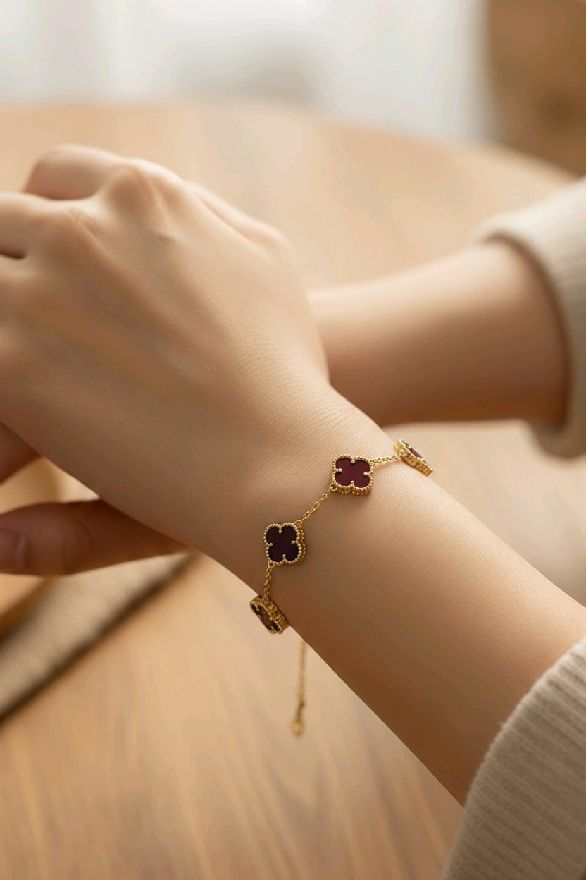 Set Trébol 4 piezas Oro Laminado de 14k collar, Aretes, pulsera y Anillo Ajustable en Color vino