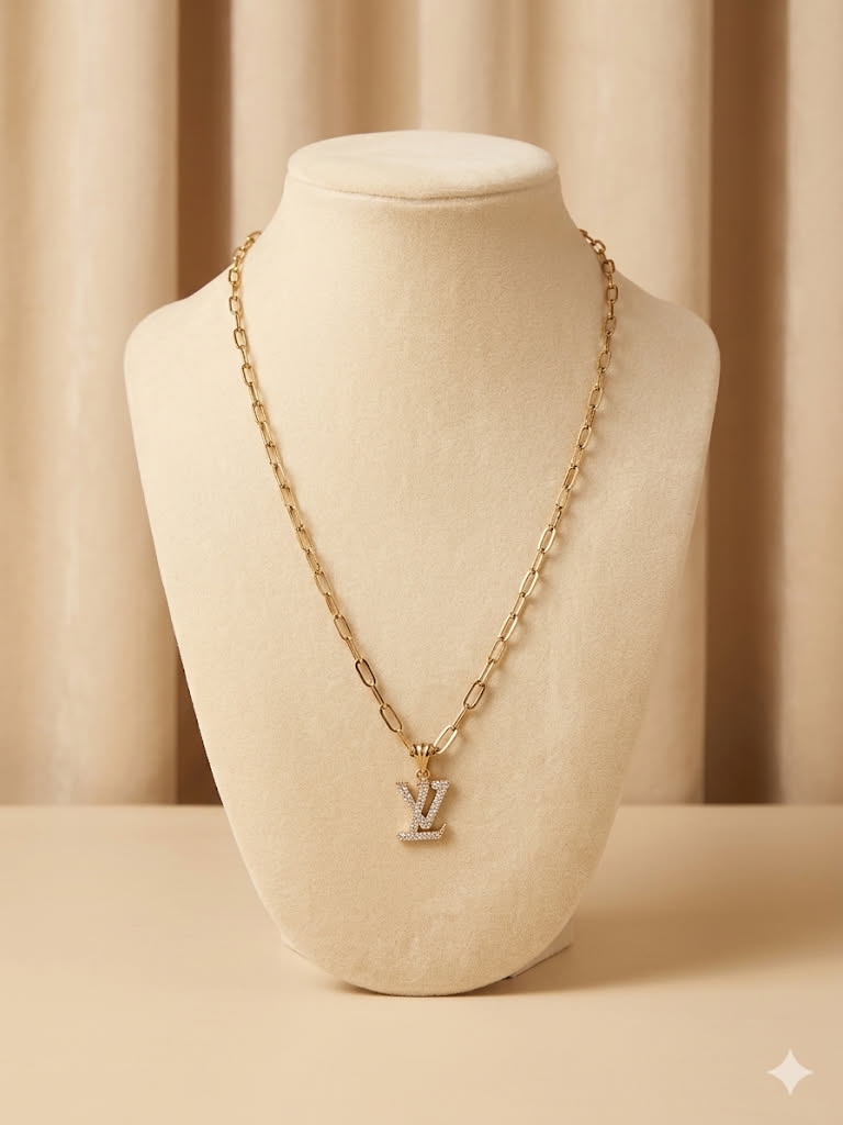 Necklace  C/ Dije Lv piedras  zirconia  Oro 14K Size #20